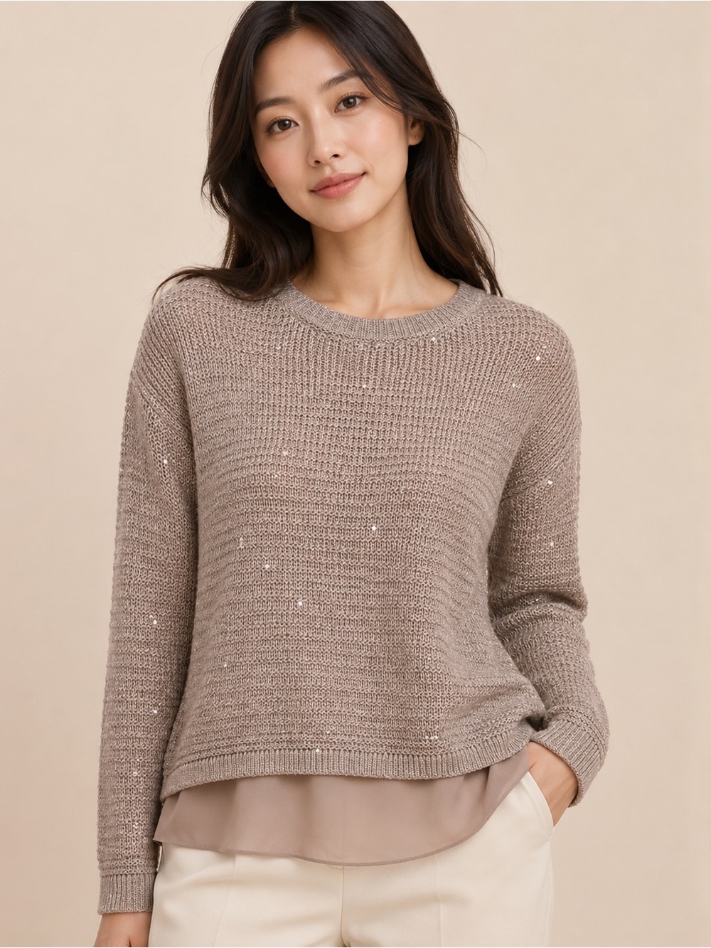 Gianni Bini XS Taupe Sequin Open Knit Layered Chiffon Hem Sweater Top